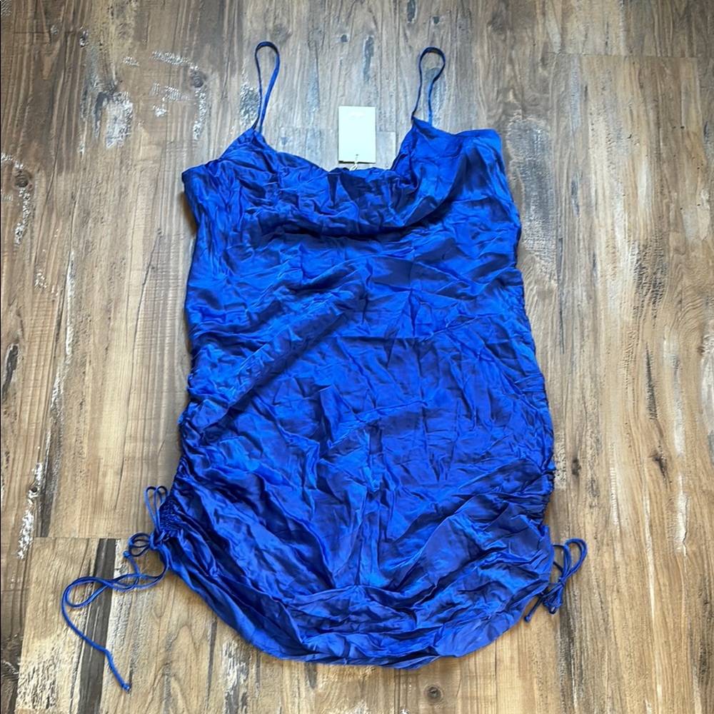 Aritzia Wilfred Blue Satin Only Ruched Slip Dress